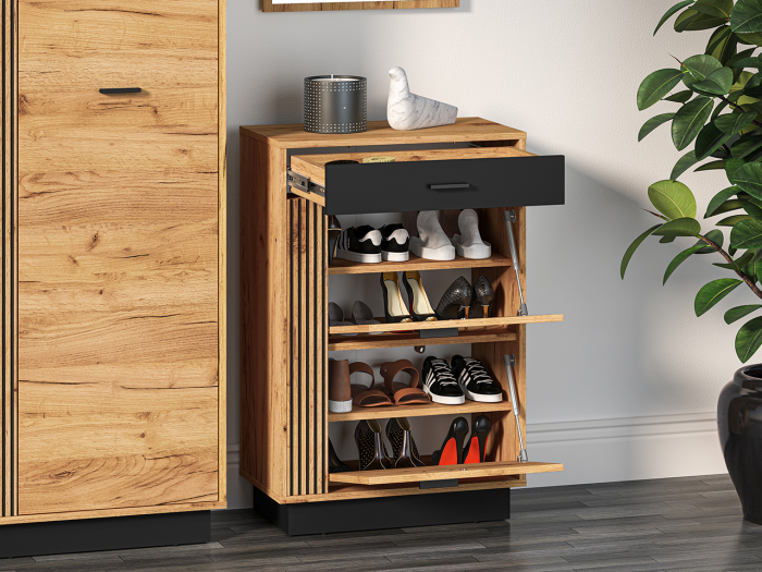 Set cuier mobilier hol, corpuri modulare, dulap cu suport umerase+pantofar+oglinda, stejar craft/negru , model riflaj -insertie negru , 120 cm lungime x 34 cm adancime x 200 inaltime dulap, [13]