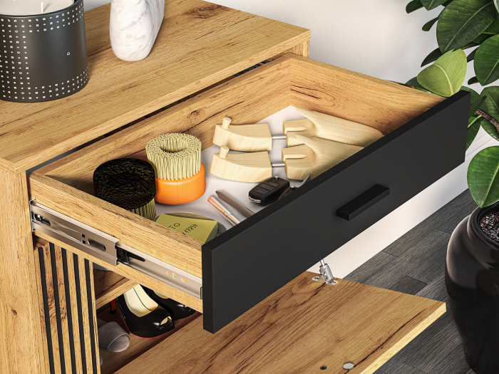 Set cuier mobilier hol, corpuri modulare, dulap cu suport umerase+pantofar+oglinda, stejar craft/negru , model riflaj -insertie negru , 120 cm lungime x 34 cm adancime x 200 inaltime dulap, [11]