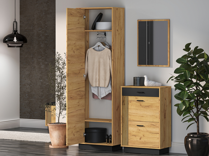 Set cuier mobilier hol, corpuri modulare, dulap cu suport umerase+pantofar+oglinda, stejar craft/negru , model riflaj -insertie negru , 120 cm lungime x 34 cm adancime x 200 inaltime dulap, [3]