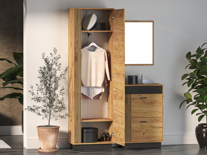 Set cuier mobilier hol, corpuri modulare, dulap cu suport umerase+pantofar+oglinda, stejar craft/negru , model riflaj -insertie negru , 120 cm lungime x 34 cm adancime x 200 inaltime dulap, [2]