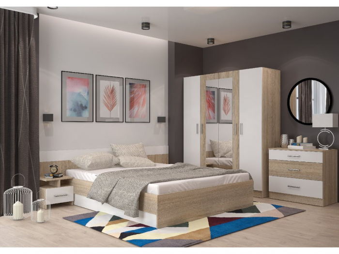 Set de dormitor , pat 160x200 + 2 noptiere , comoda ,dulap 4 usi cu oglinzi , in 2 variante de culoare [1]