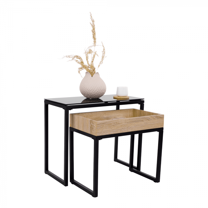 Set de două mese de cafea, stejar / negru, DAGOR [3]