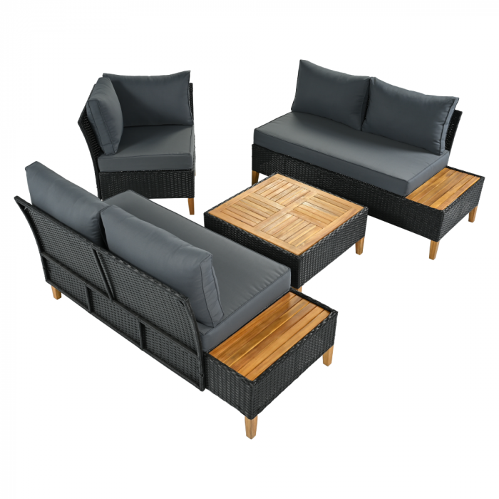 Set de grădină din ratan, lemn de salcâm, negru/gri/natural, MALKOM [5]