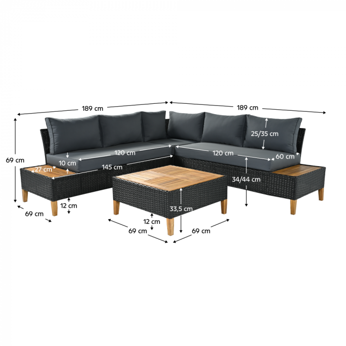 Set de grădină din ratan, lemn de salcâm, negru/gri/natural, MALKOM [12]