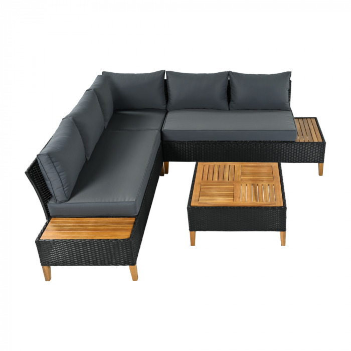 Set de grădină din ratan, lemn de salcâm, negru/gri/natural, MALKOM [3]