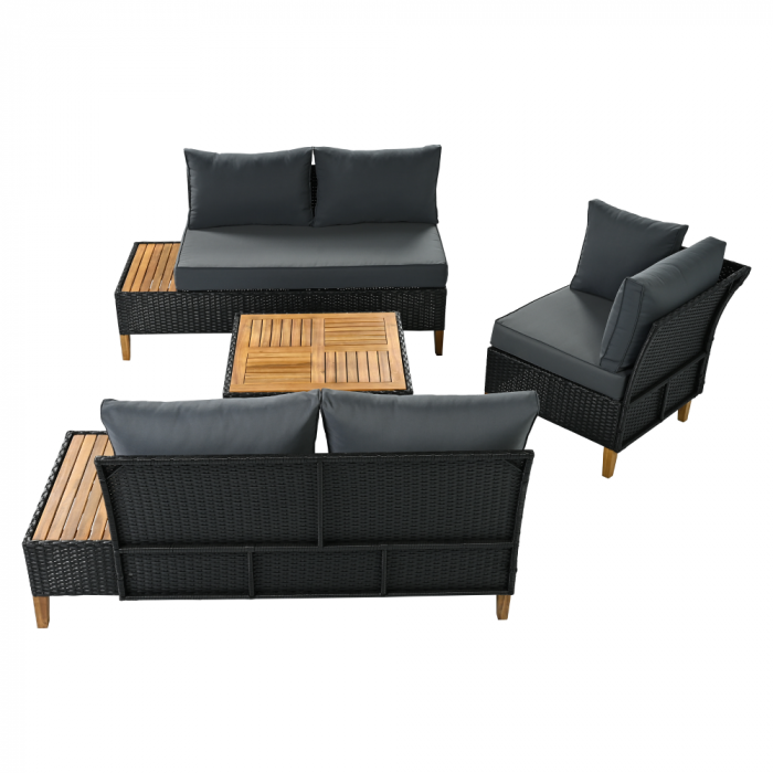 Set de grădină din ratan, lemn de salcâm, negru/gri/natural, MALKOM [9]