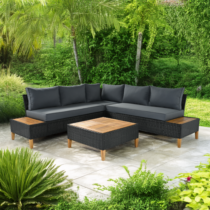 Set de grădină din ratan, lemn de salcâm, negru/gri/natural, MALKOM [11]