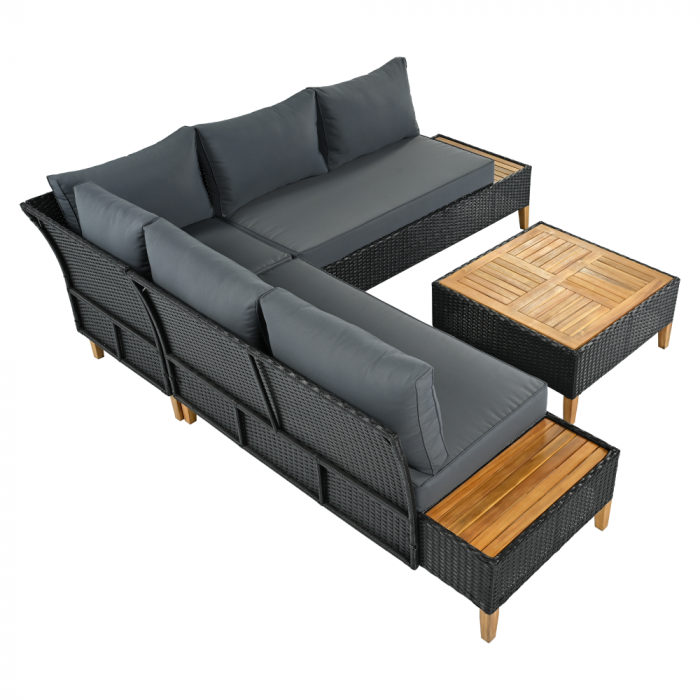Set de grădină din ratan, lemn de salcâm, negru/gri/natural, MALKOM [4]