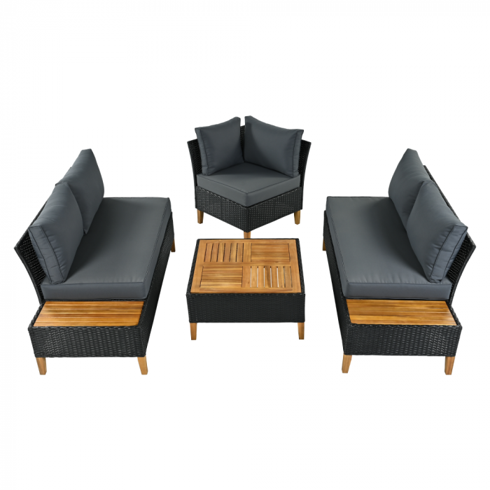 Set de grădină din ratan, lemn de salcâm, negru/gri/natural, MALKOM [7]
