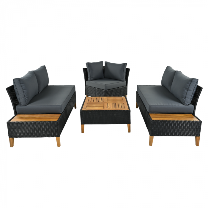 Set de grădină din ratan, lemn de salcâm, negru/gri/natural, MALKOM [6]