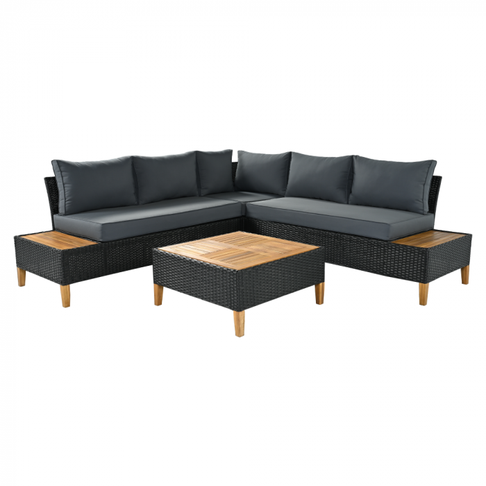 Set de grădină din ratan, lemn de salcâm, negru/gri/natural, MALKOM [1]