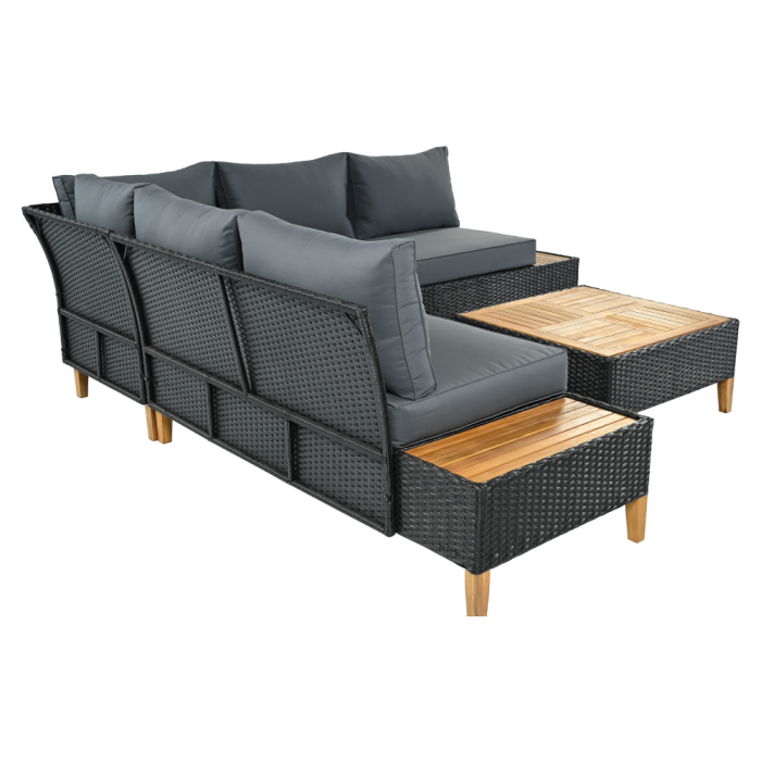 Set de grădină din ratan, lemn de salcâm, negru/gri/natural, MALKOM [10]