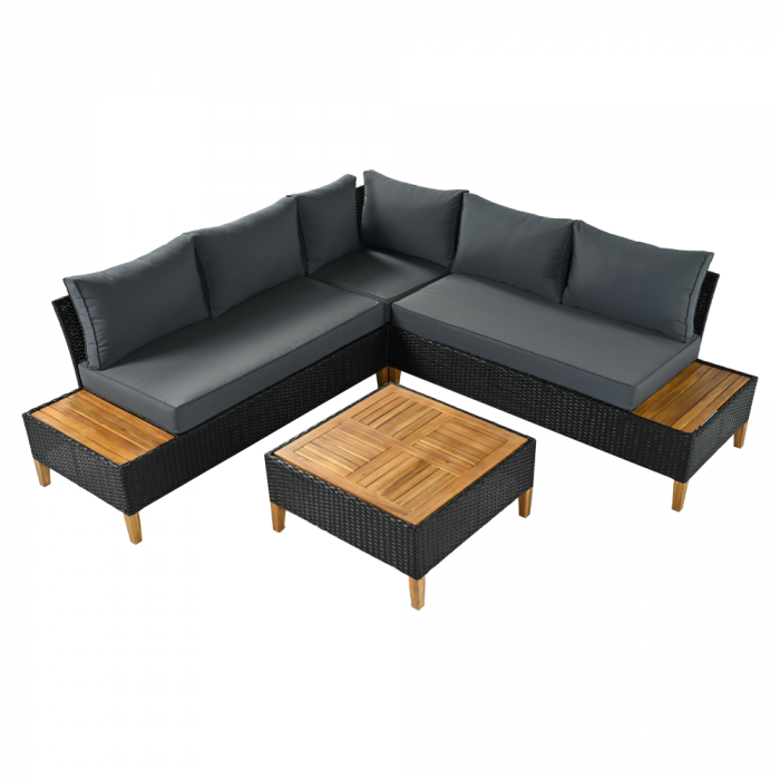 Set de grădină din ratan, lemn de salcâm, negru/gri/natural, MALKOM [2]