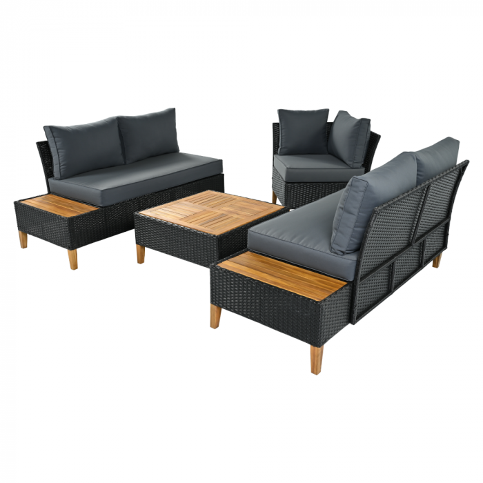 Set de grădină din ratan, lemn de salcâm, negru/gri/natural, MALKOM [8]