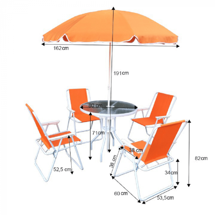 Set de gradina, masa 191x162 cm, cu 4 scaune si umbrela, portocaliu/alb, Bortis [2]