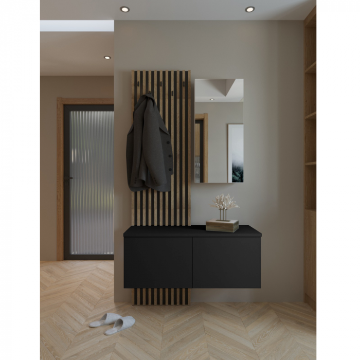 Set  cuier de hol cu riflaj , 100 cm lungime x 37 cm adancime , deschidere push open, stejar negru/artisan,stil modern cu oglinda, riflaje [4]