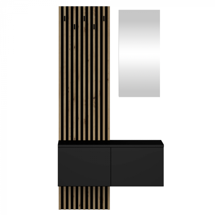 Set  cuier de hol cu riflaj , 100 cm lungime x 37 cm adancime , deschidere push open, stejar negru/artisan,stil modern cu oglinda, riflaje [3]