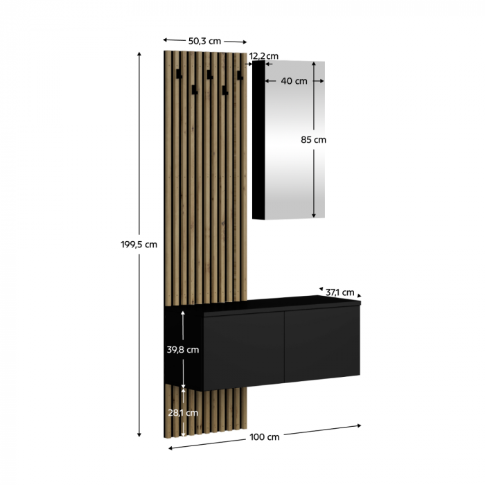 Set  cuier de hol cu riflaj , 100 cm lungime x 37 cm adancime , deschidere push open, stejar negru/artisan,stil modern cu oglinda, riflaje [2]