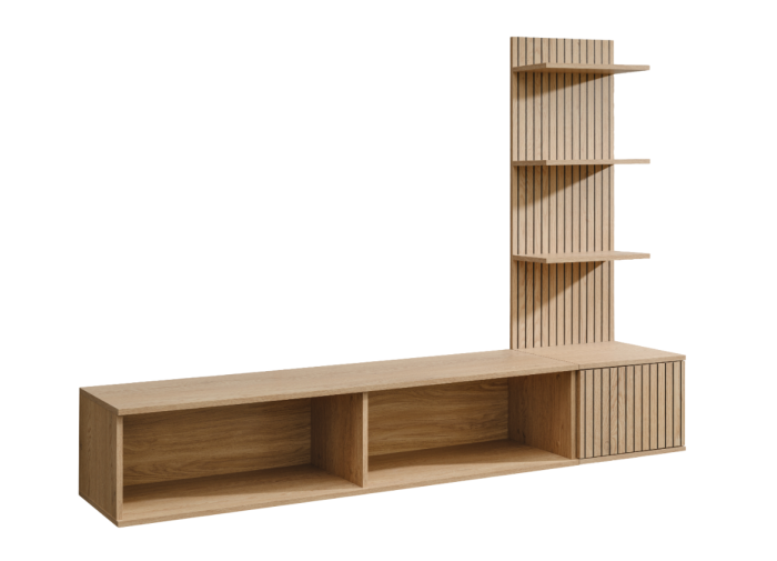 Set de living , comoda suspendata cu raft, prindere perete, 180x130x40 cm, stejar cu riflaj printat [7]