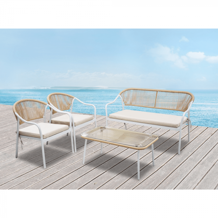 Set de mobilier de grădină din ratan, 4 piese, alb/bej, PALNY [15]