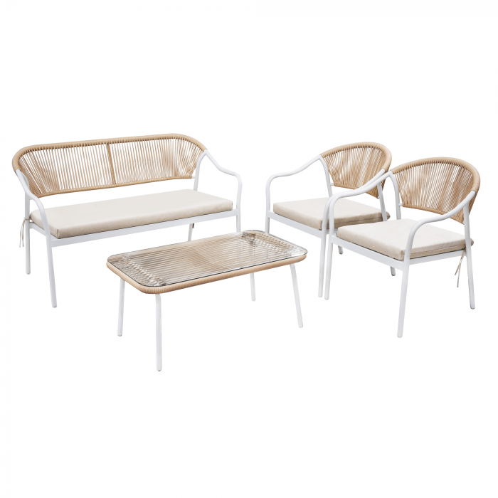 Set de mobilier de grădină din ratan, 4 piese, alb/bej, PALNY [4]