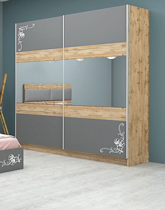 Set dormitor Dulap 180 cm cu feronerie Hettich , soft close +Pat 160/200 cu somiera rabatabila si saltea +2 noptiere stejar wotan/grey [5]