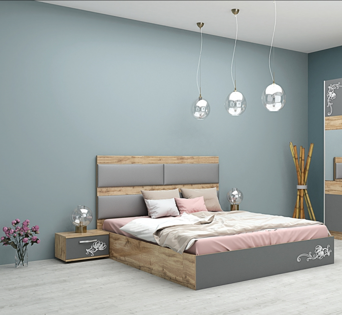 Set dormitor Dulap 180 cm cu feronerie Hettich , soft close +Pat 160/200 cu somiera rabatabila si saltea +2 noptiere stejar wotan/grey [6]
