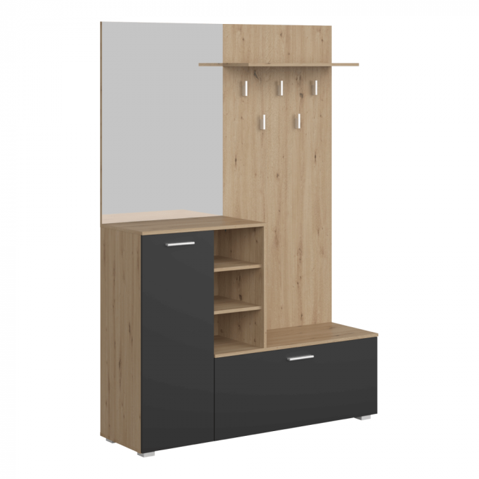 Set mobila cuier hol, culoare stejar artisan/grafit-oglinda , 140 cm lungime, 40 cm adancime, pantofar, rafturi [1]