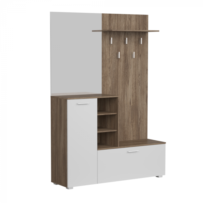 Set cuier mobila hol, stejar ansberg/ alb, 140 cm lungime x 40 cm adancime, cu oglinda [1]