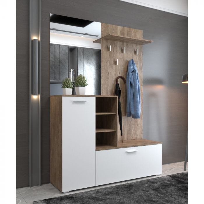 Set cuier mobila hol, stejar ansberg/ alb, 140 cm lungime x 40 cm adancime, cu oglinda [4]
