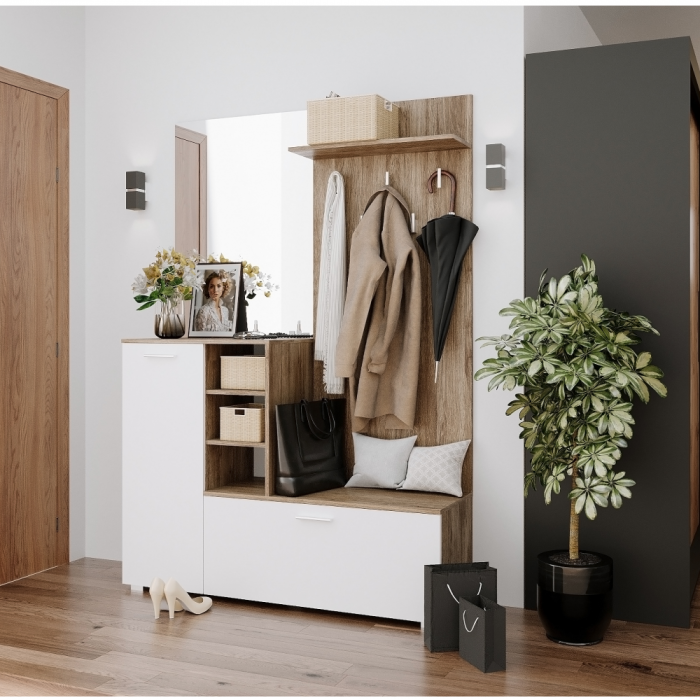Set cuier mobila hol, stejar ansberg/ alb, 140 cm lungime x 40 cm adancime, cu oglinda [3]