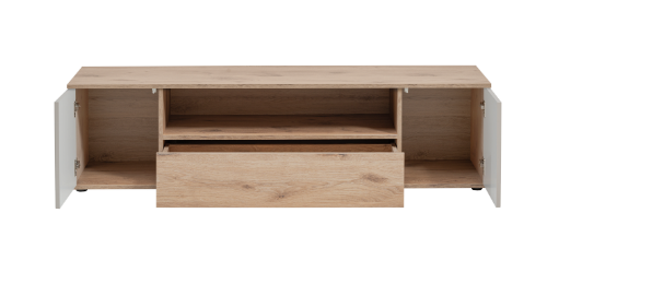 Set mobila de Living, 340 cm lungime,  model riflaj, stejar/ casmir bej cu model riflaj/casmir bej, usi cu deschidere push open, canturi abs, inchidere silentioasa usi, iluminare led, Bortis [9]