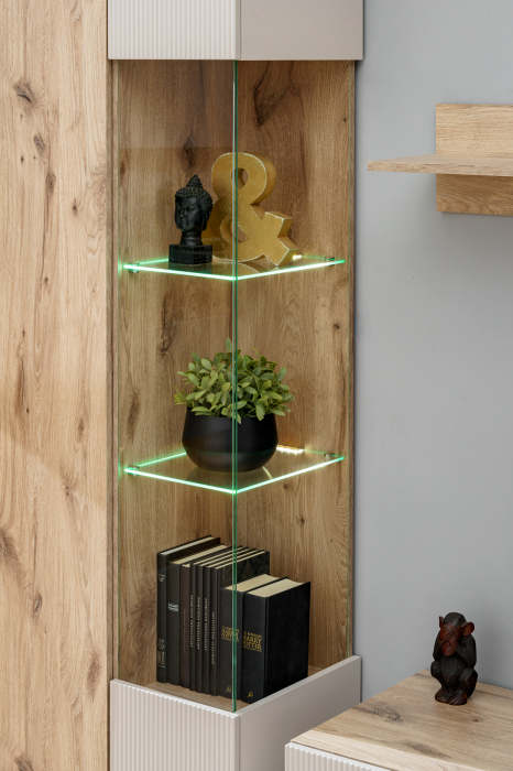 Set mobila de Living, 340 cm lungime,  model riflaj, stejar/ casmir bej cu model riflaj/casmir bej, usi cu deschidere push open, canturi abs, inchidere silentioasa usi, iluminare led, Bortis [5]