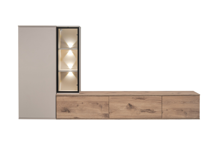 Set mobila de living, pal casmir bej/stejar/rama vitrina neagra, 240 cm lungime, vitrina cu led, usi deschidere push open prin apasare, canturi abs, moderna, prindere perete- suspendata , Bortis [8]