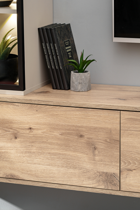 Set mobila de living, pal casmir bej/stejar/rama vitrina neagra, 240 cm lungime, vitrina cu led, usi deschidere push open prin apasare, canturi abs, moderna, prindere perete- suspendata , Bortis [13]