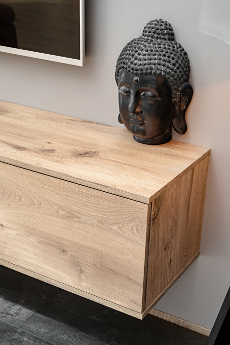 Set mobila de living, pal casmir bej/stejar/rama vitrina neagra, 240 cm lungime, vitrina cu led, usi deschidere push open prin apasare, canturi abs, moderna, prindere perete- suspendata , Bortis [11]