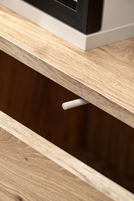 Set mobila de living, pal casmir bej/stejar/rama vitrina neagra, 240 cm lungime, vitrina cu led, usi deschidere push open prin apasare, canturi abs, moderna, prindere perete- suspendata , Bortis [4]