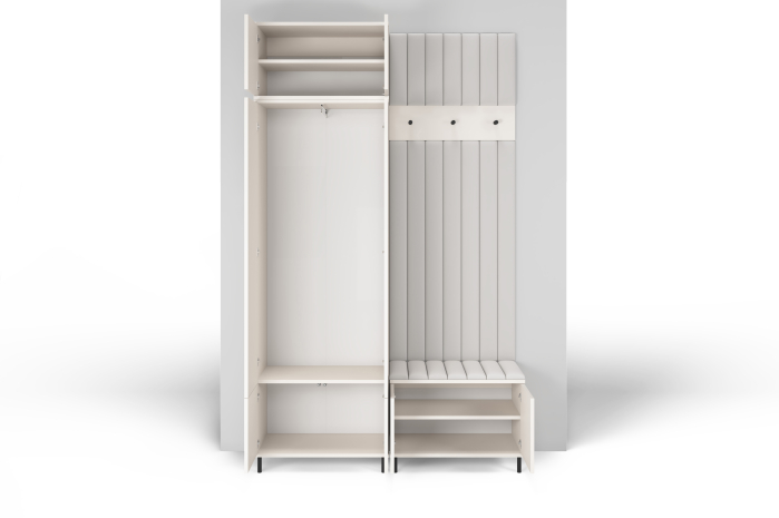 Set mobila hol /cuier cu dulap inaltat si panouri tapitate, cu oglinda/riflaje casmir /pal bej casmir/ stofa maro inchis , 140cm lungime x 235 cm inaltime x 40 cm adancime, picioare inalte [5]