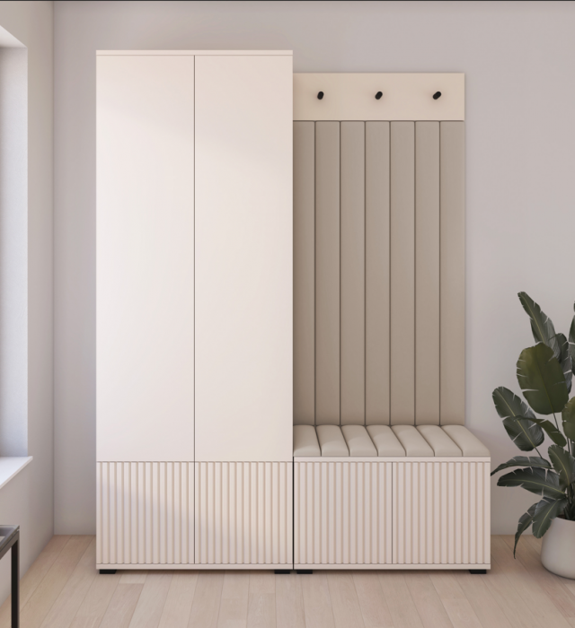 Set mobila hol /cuier cu dulap si panouri tapitate, cu riflaje casmir /pal bej casmir/ stofa bej crem , 140cm lungime x 185 cm inaltimex 40 cm adancime, deschidere usi push open, interior dulap suport umerase [7]