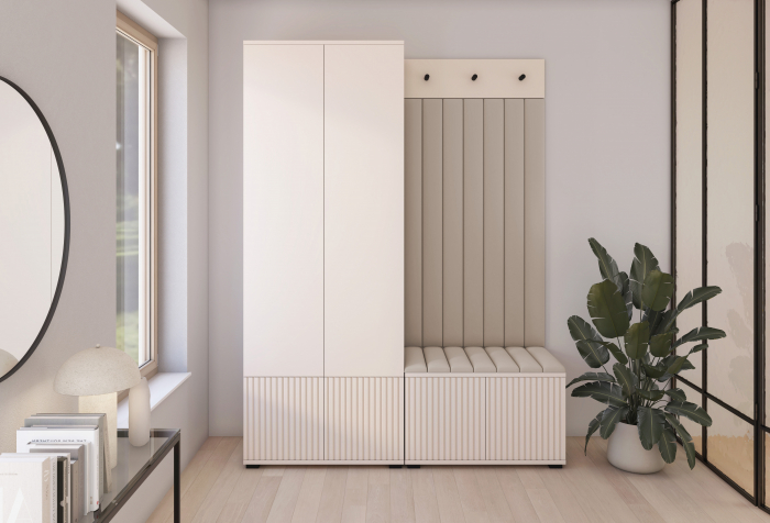 Set mobila hol /cuier cu dulap si panouri tapitate, cu riflaje casmir /pal bej casmir/ stofa bej crem , 140cm lungime x 185 cm inaltimex 40 cm adancime, deschidere usi push open, interior dulap suport umerase [1]