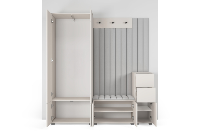 Set mobila hol /cuier cu dulap si panouri tapitate, cu riflaje casmir /pal bej casmir/ stofa bej crem , 170cm lungime x 185 cm inaltime x 40 cm adancime, deschidere usi push open,  suport si de umeras [5]