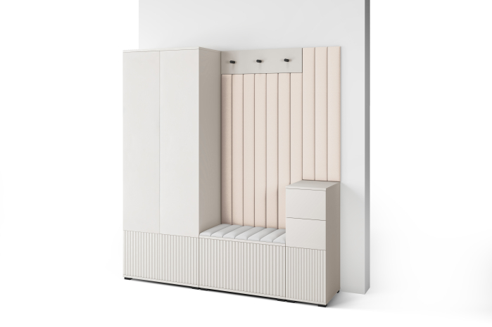 Set mobila hol /cuier cu dulap si panouri tapitate, cu riflaje casmir /pal bej casmir/ stofa bej crem , 170cm lungime x 185 cm inaltime x 40 cm adancime, deschidere usi push open,  suport si de umeras [2]