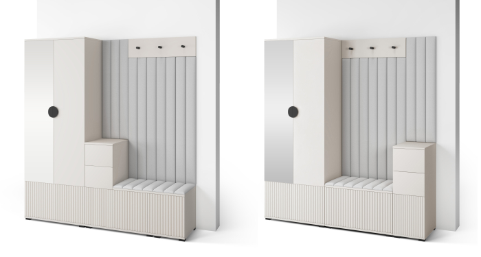 Set mobila hol /cuier cu dulap si panouri tapitate, cu riflaje casmir /pal bej casmir/ stofa bej crem , 170cm lungime x 185 cm inaltime x 40 cm adancime, deschidere usi push open,  suport si de umeras [3]