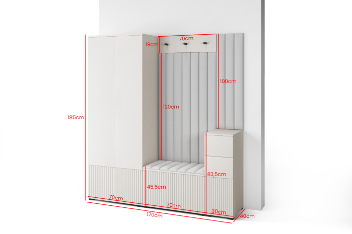 Set mobila hol /cuier cu dulap si panouri tapitate, cu riflaje casmir /pal bej casmir/ stofa bej crem , 170cm lungime x 185 cm inaltime x 40 cm adancime, deschidere usi push open,  suport si de umeras [4]