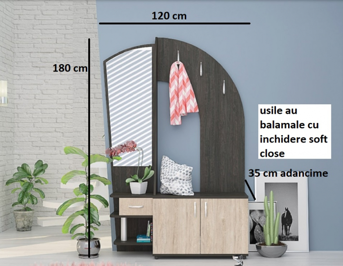 Set mobila hol /cuier cu pantofar si oglinda, 120cm lungime x 180 inaltime x 35 cm adancime, pal stejar carbon/stejar crem , balamale inchidere silentioasa, Bortis [2]
