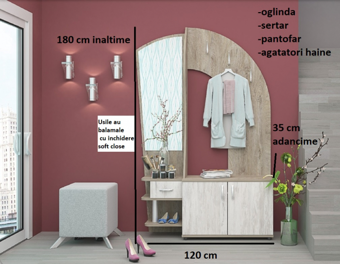 Set mobila hol /cuier cu pantofar si oglinda, 120cm lungime x 180 inaltime x 35 cm adancime, pal stejar nordic/stejar deschis, balamale inchidere silentioasa, Bortis [2]