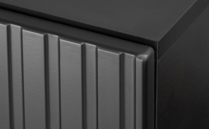 Set mobila living, 300 cm lungime, mdf/pal negru/stejar, usi mdf caneluri, usi cu deschidere push open, vitrina sticla cu led , comoda tv si 3 corpuri suspendate [4]