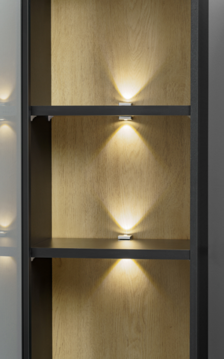 Set mobila living, 300 cm lungime, mdf/pal negru/stejar, usi mdf caneluri, usi cu deschidere push open, vitrina sticla cu led , comoda tv si 3 corpuri suspendate [5]