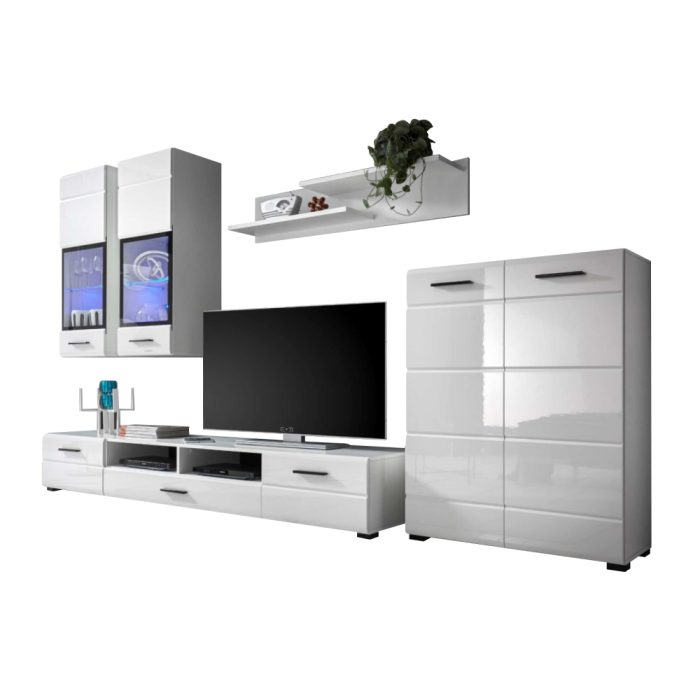 Set mobila Living , alb hdf superlucios/ alb, lumini led vitrine, 276cm lungime [5]