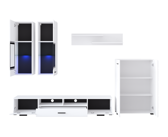Set mobila Living , alb hdf superlucios/ alb, lumini led vitrine, 276cm lungime [3]